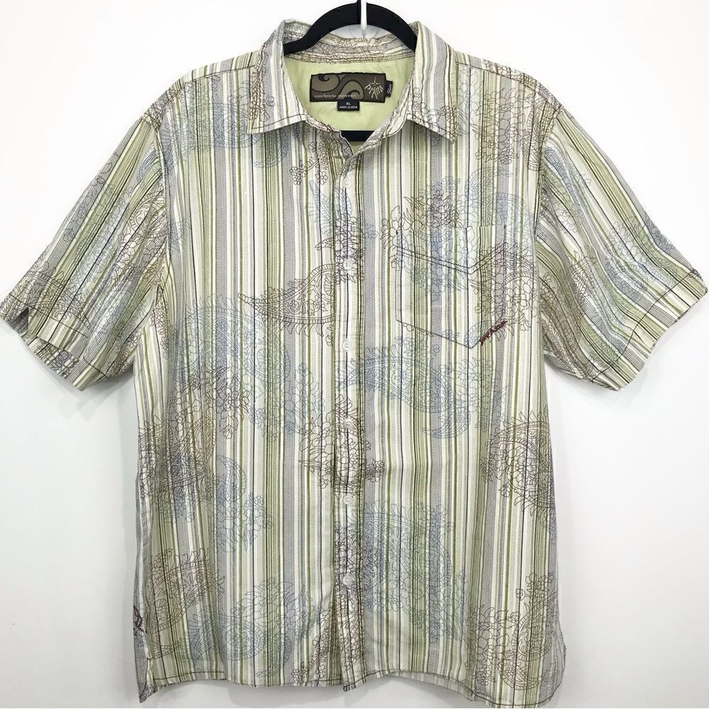 Prana Slim Fit Button Down Short Sleeve Paisley Stripe Print Shirt